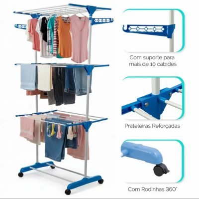 Varal De Chão 3 Andares Roupa Calcinha Grande Dobrável Portátil