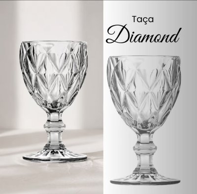 Kit 6 Taças Diamante 340ml - Jogo de Taças de Vidro Elegante para Vinho, Agua e Drinks