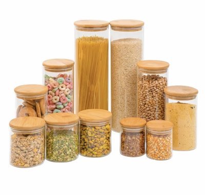 Kit 11 potes de vidro com tampa de bambu herméticos redondos