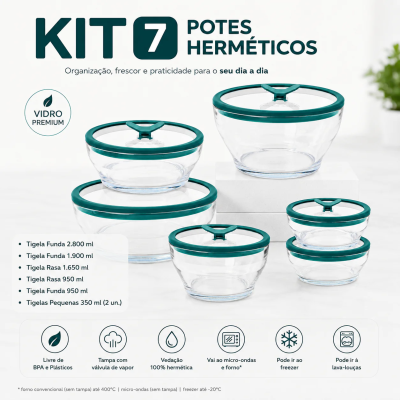 Kit 7 Potes Herméticos de Vidro Premium — do freezer ao forno, sem plástico, sem cheiro, sem manchas.